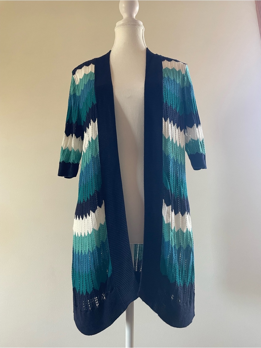 croft & barrow Cardigan Open-Front KnitChevron Teal Navy White Women’s Large